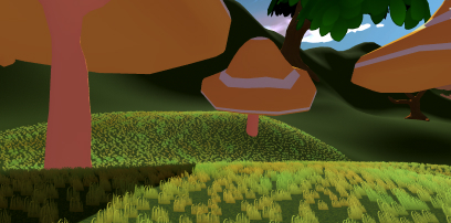 Screenshot van een groen, heuvelachtig landschap met huizenhoge paddenstoelen